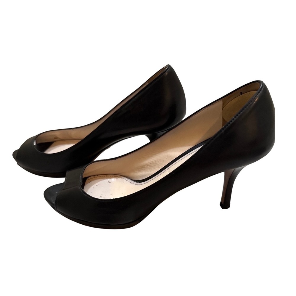 Prada Black Leather Peep Toe Platform Pumps Heels Made in Italy Size 39.5